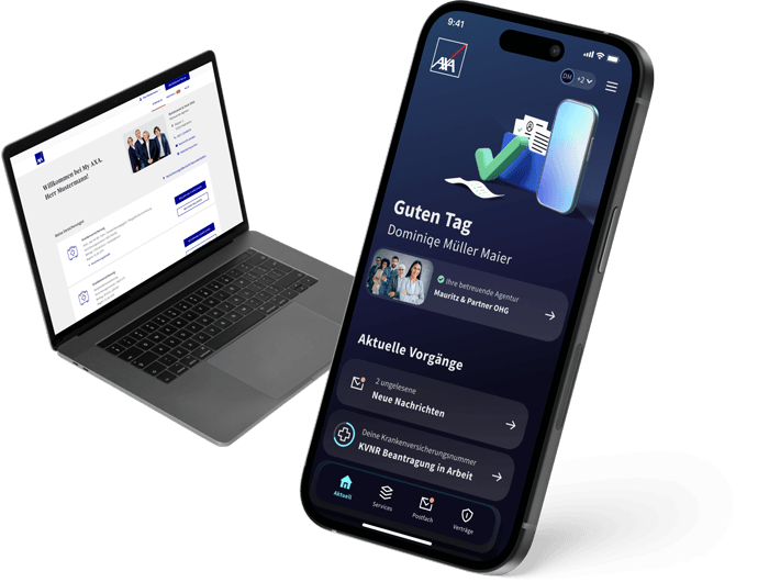 Kundenportal My AXA auf einem Laptop und als App auf dem Smartphone