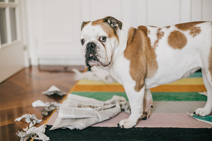 Hund hat eine Zeitung zerfleddert. Er schaut verdutzt zur Seite.