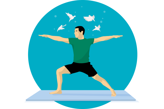 Mann in einer stabilen Yoga-Position mit ausgestreckten Armen auf einer Matte. Die Haltung wirkt ruhig, kraftvoll und konzentriert.