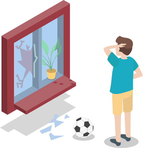Ein Junge schaut durch ein Loch in einer Glassscheibe. Zuvor hat er mit einem Fußball die Scheibe zerstört.