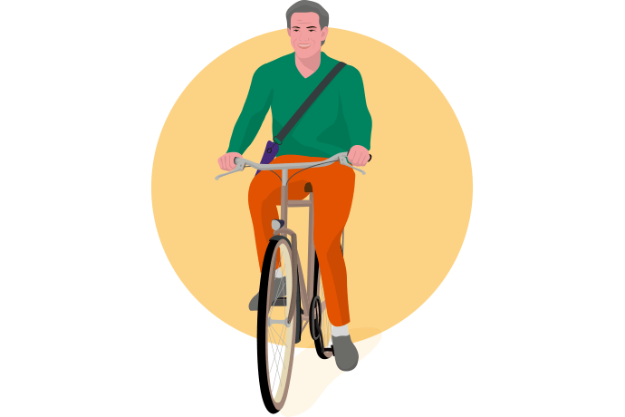 Mann fährt aufrecht und entspannt Fahrrad. Sein Gesichtsausdruck wirkt zufrieden und gelassen.