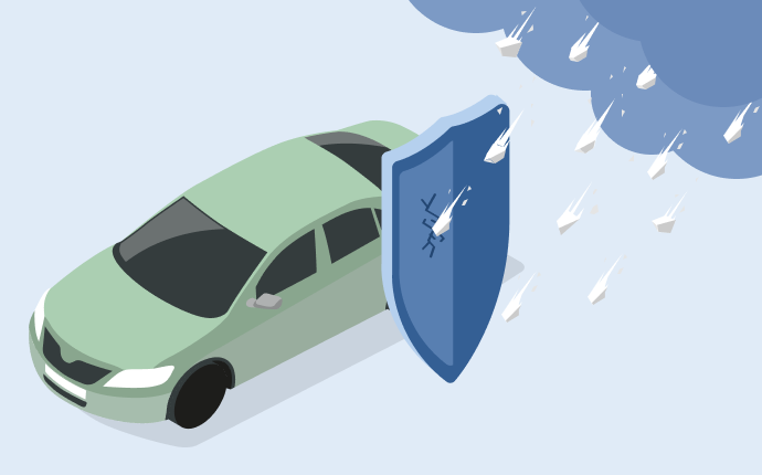 Illustration von einem Auto, das durch einen Hagelsturm fährt und durch eine Kfz-Teilkasko abgesichert wird