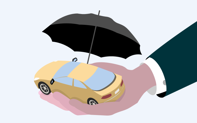  Illustration einer Hand, die ein Auto hält, über dem ein schwarzer Regenschirm als Symbol für Schutz und Versicherung gespannt ist